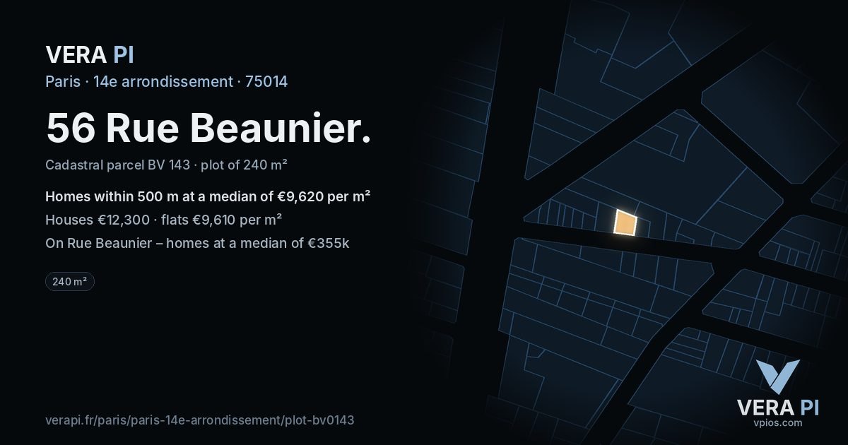 56 Rue Beaunier, 14e arrondissement at night – the plot lit, the parcels around coloured by the prices near them