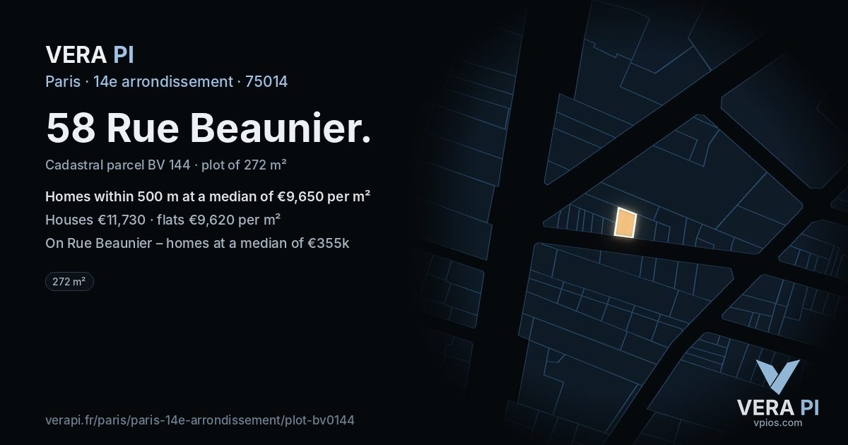 58 Rue Beaunier, 14e arrondissement at night – the plot lit, the parcels around coloured by the prices near them