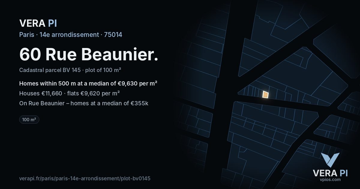 60 Rue Beaunier, 14e arrondissement at night – the plot lit, the parcels around coloured by the prices near them