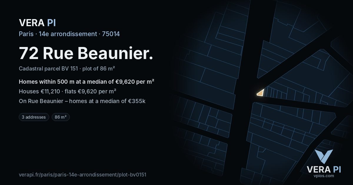 72 Rue Beaunier, 14e arrondissement at night – the plot lit, the parcels around coloured by the prices near them