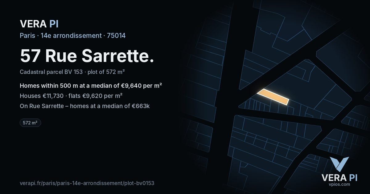 57 Rue Sarrette, 14e arrondissement at night – the plot lit, the parcels around coloured by the prices near them