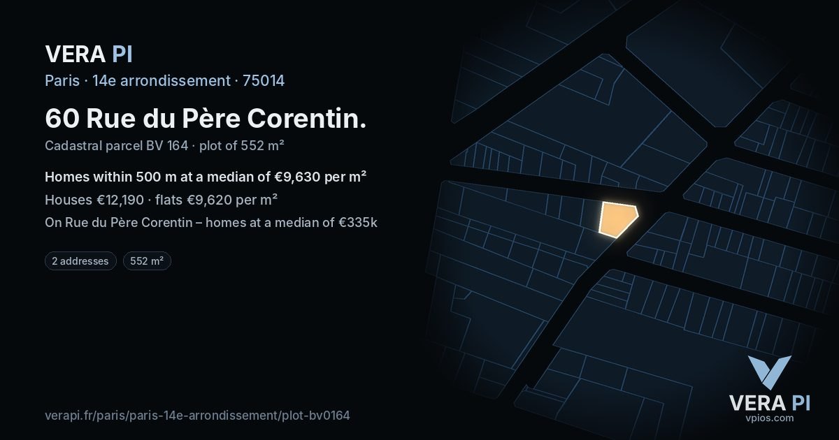 60 Rue du Père Corentin, 14e arrondissement at night – the plot lit, the parcels around coloured by the prices near them
