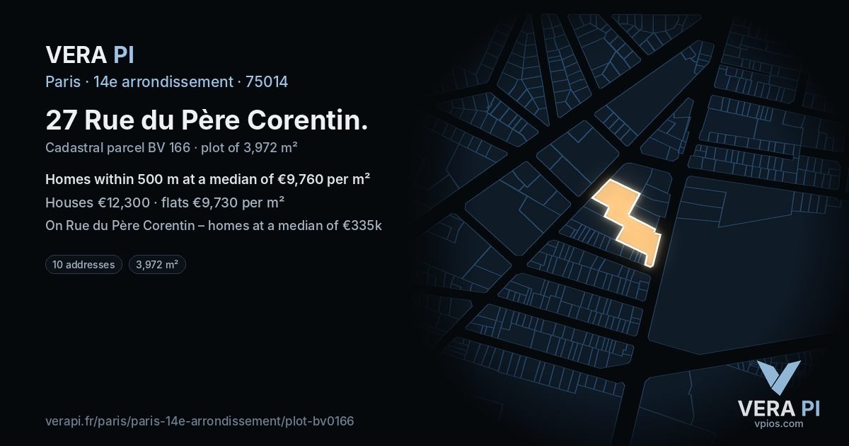 27 Rue du Père Corentin, 14e arrondissement at night – the plot lit, the parcels around coloured by the prices near them