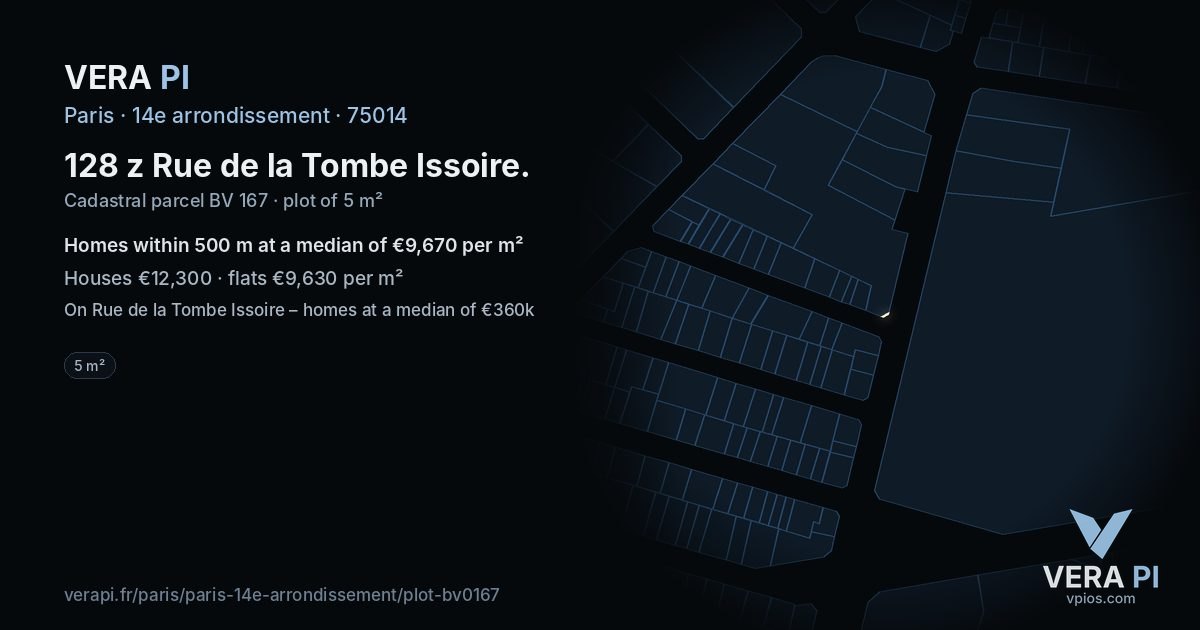 128 z Rue de la Tombe Issoire, 14e arrondissement at night – the plot lit, the parcels around coloured by the prices near them