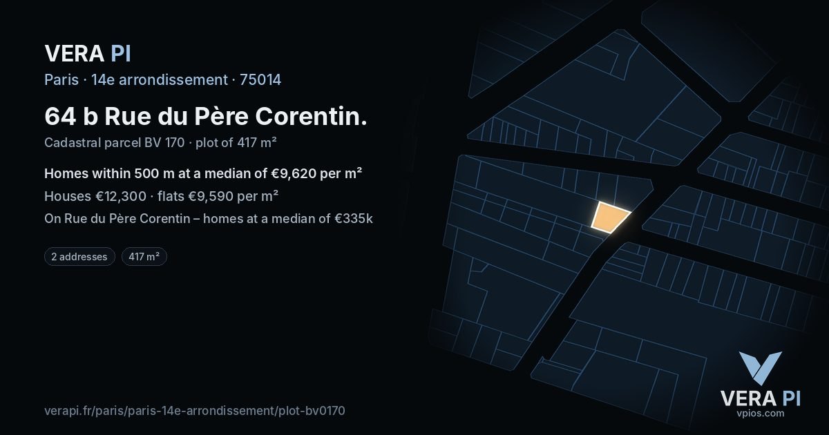 64 b Rue du Père Corentin, 14e arrondissement at night – the plot lit, the parcels around coloured by the prices near them