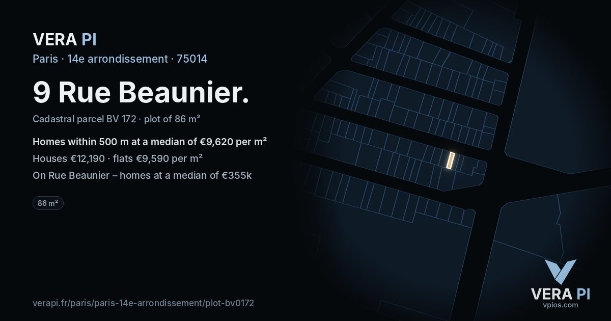 9 Rue Beaunier, 14e arrondissement at night – the plot lit, the parcels around coloured by the prices near them