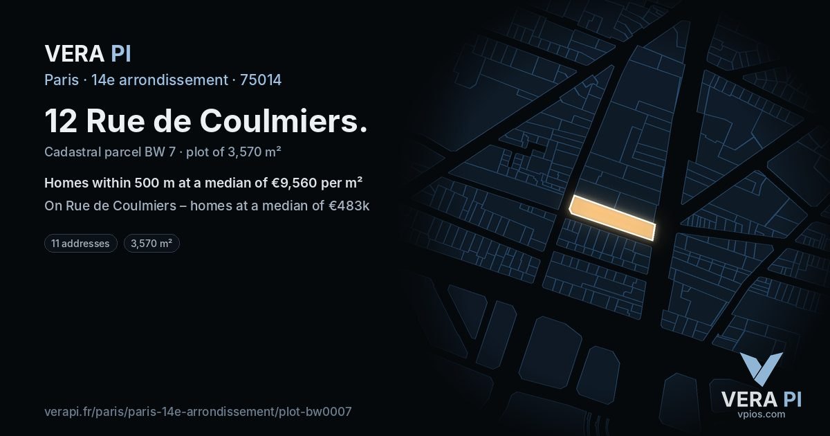 12 Rue de Coulmiers, 14e arrondissement at night – the plot lit, the parcels around coloured by the prices near them
