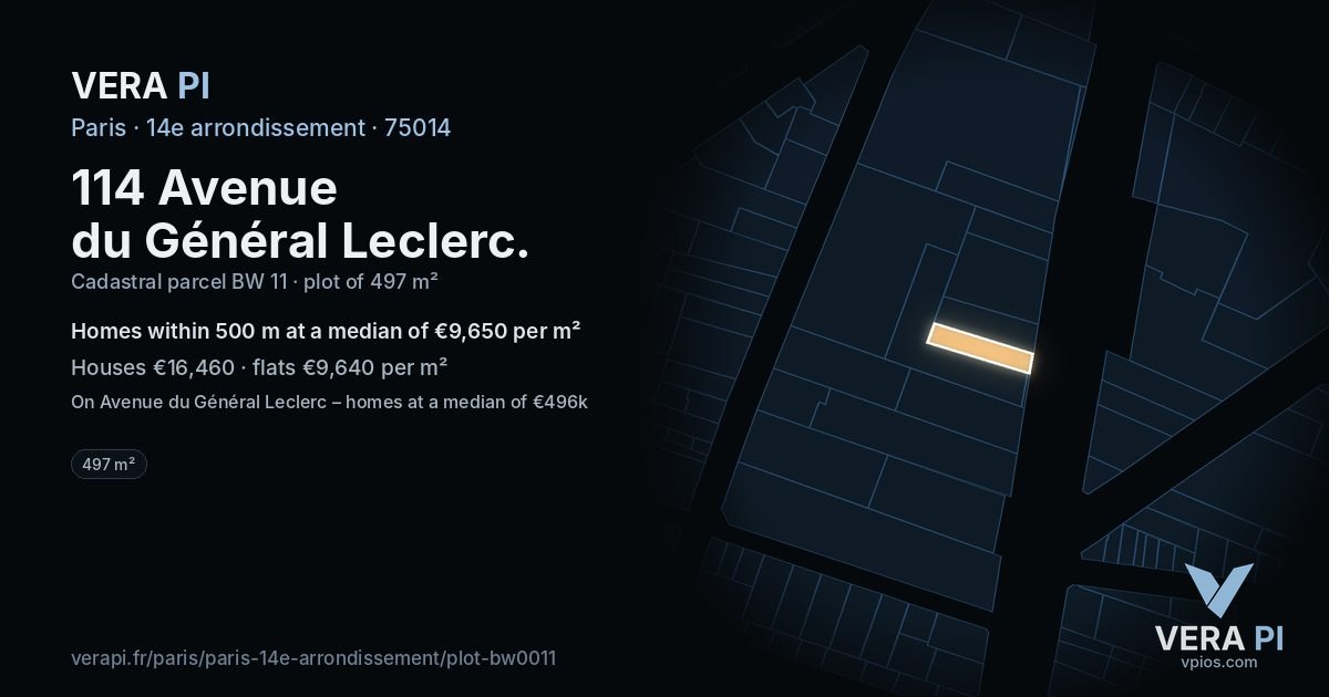 114 Avenue du Général Leclerc, 14e arrondissement at night – the plot lit, the parcels around coloured by the prices near them