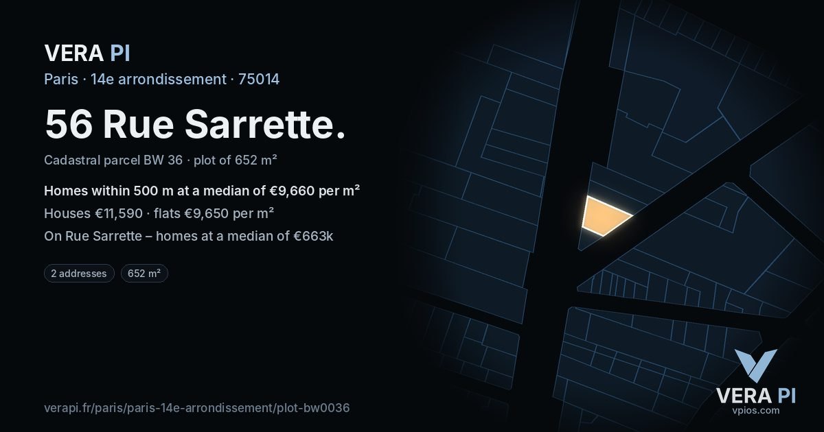 56 Rue Sarrette, 14e arrondissement at night – the plot lit, the parcels around coloured by the prices near them