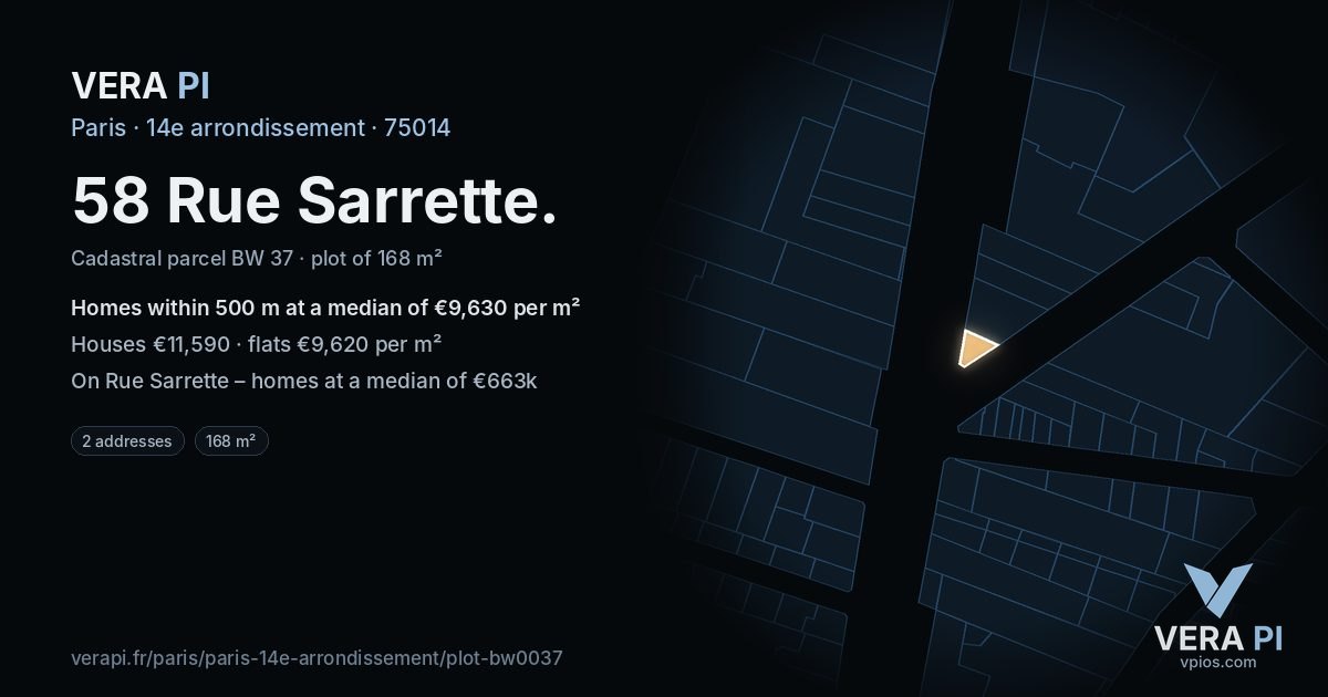 58 Rue Sarrette, 14e arrondissement at night – the plot lit, the parcels around coloured by the prices near them