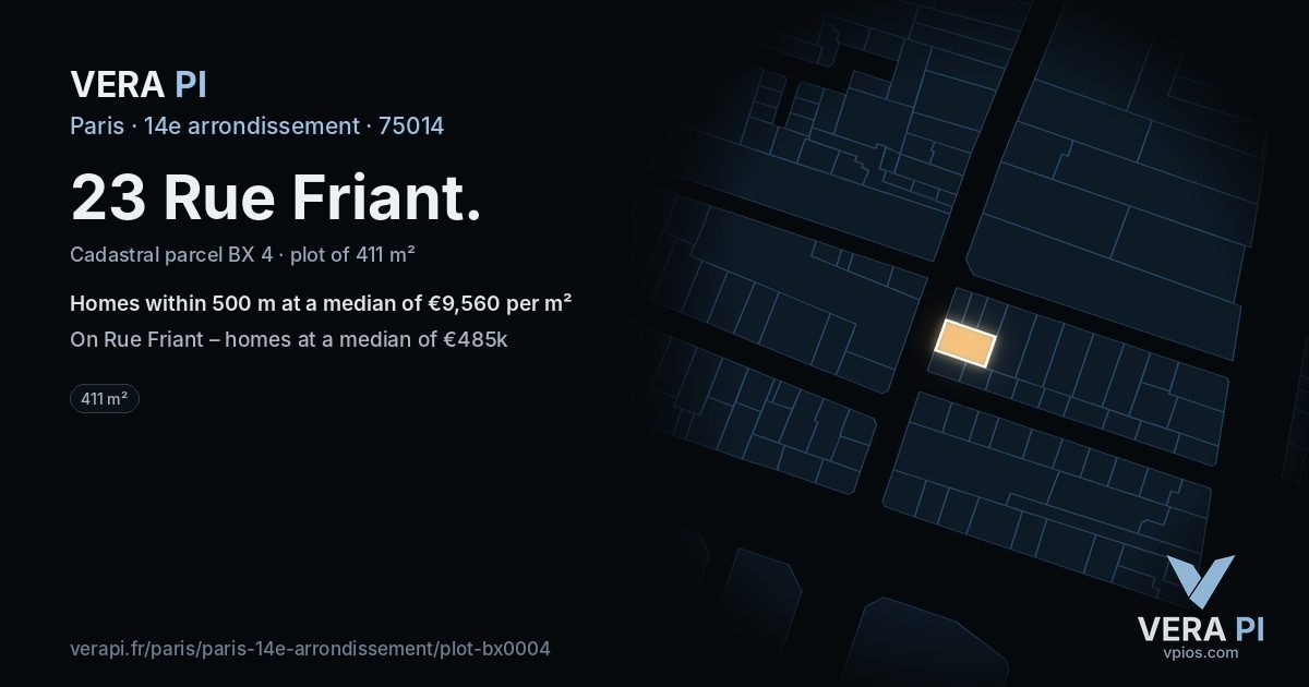 23 Rue Friant, 14e arrondissement at night – the plot lit, the parcels around coloured by the prices near them