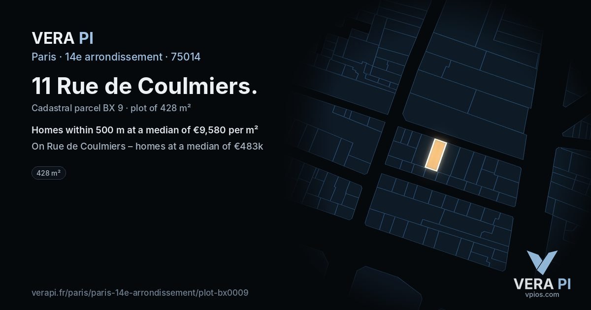 11 Rue de Coulmiers, 14e arrondissement at night – the plot lit, the parcels around coloured by the prices near them