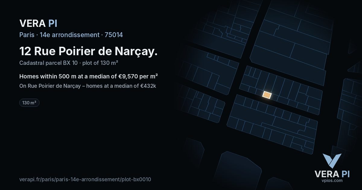 12 Rue Poirier de Narçay, 14e arrondissement at night – the plot lit, the parcels around coloured by the prices near them