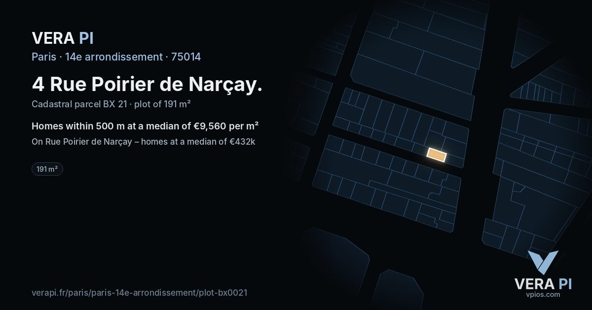 4 Rue Poirier de Narçay, 14e arrondissement at night – the plot lit, the parcels around coloured by the prices near them