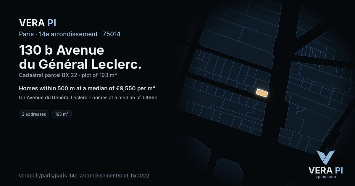 130 b Avenue du Général Leclerc, 14e arrondissement at night – the plot lit, the parcels around coloured by the prices near them