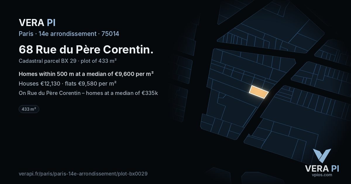68 Rue du Père Corentin, 14e arrondissement at night – the plot lit, the parcels around coloured by the prices near them