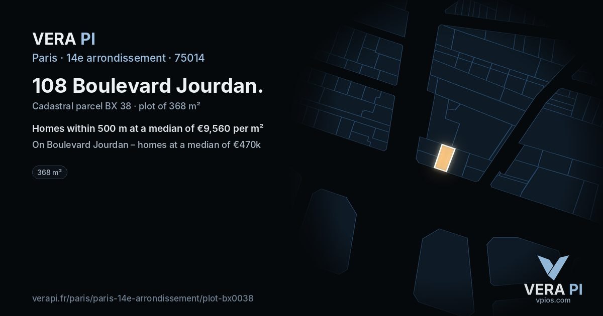 108 Boulevard Jourdan, 14e arrondissement at night – the plot lit, the parcels around coloured by the prices near them