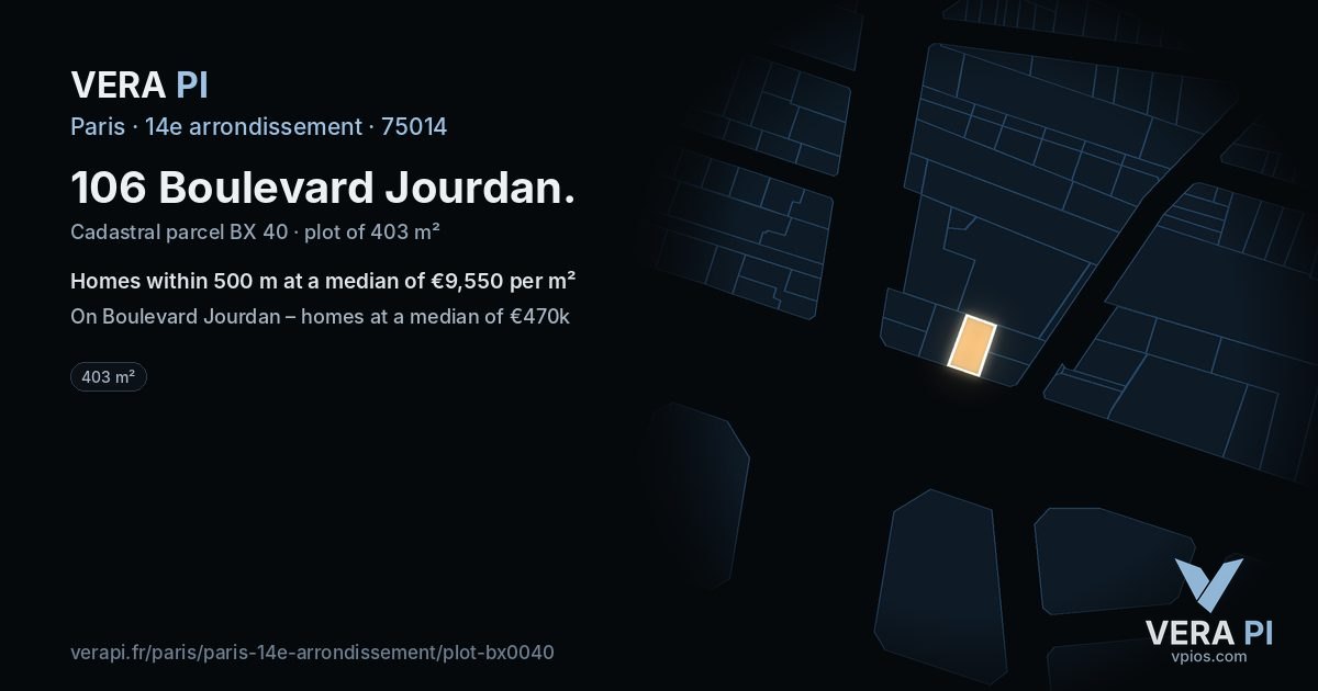 106 Boulevard Jourdan, 14e arrondissement at night – the plot lit, the parcels around coloured by the prices near them