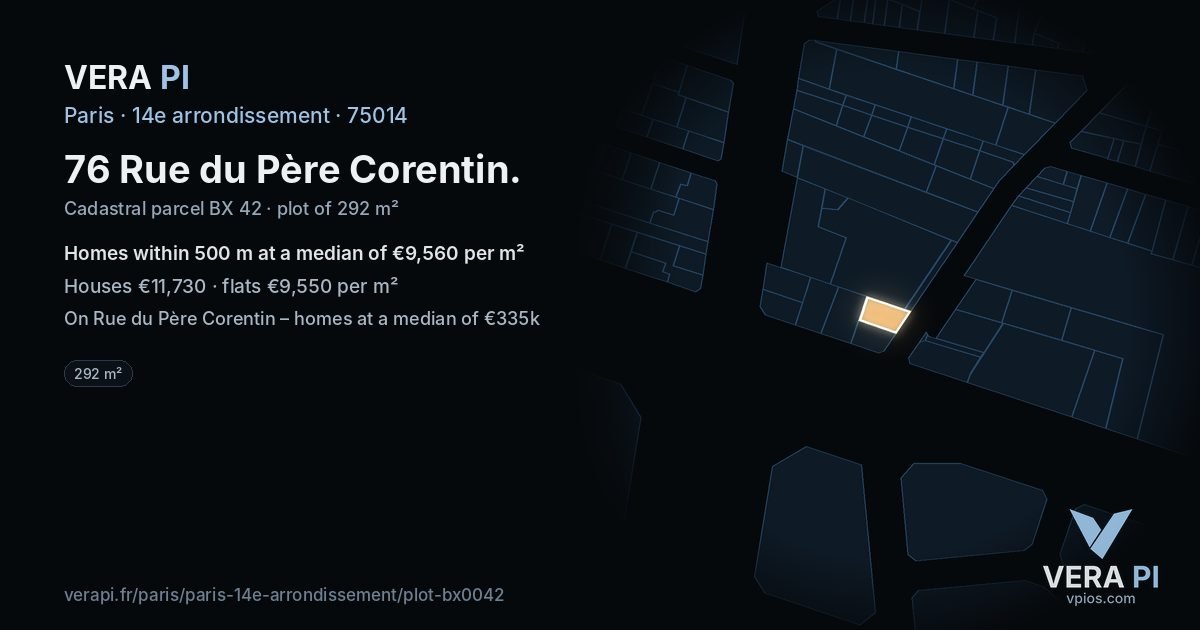 76 Rue du Père Corentin, 14e arrondissement at night – the plot lit, the parcels around coloured by the prices near them