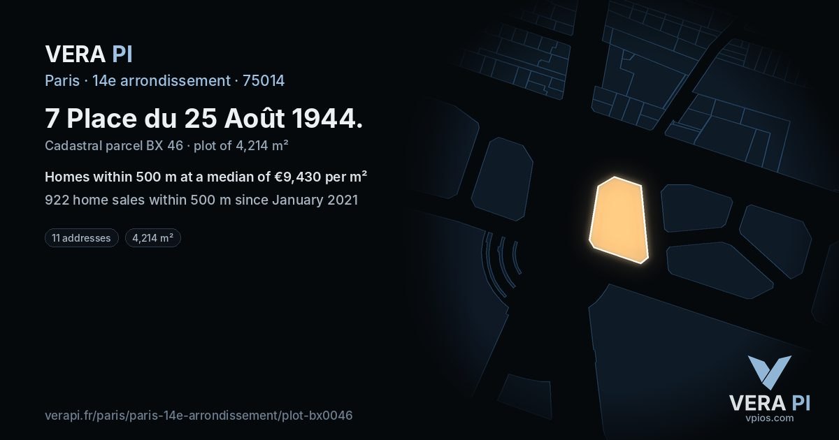 7 Place du 25 Août 1944, 14e arrondissement at night – the plot lit, the parcels around coloured by the prices near them