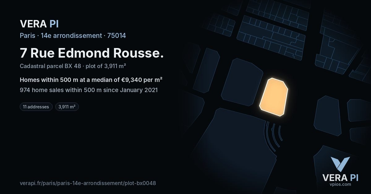 7 Rue Edmond Rousse, 14e arrondissement at night – the plot lit, the parcels around coloured by the prices near them