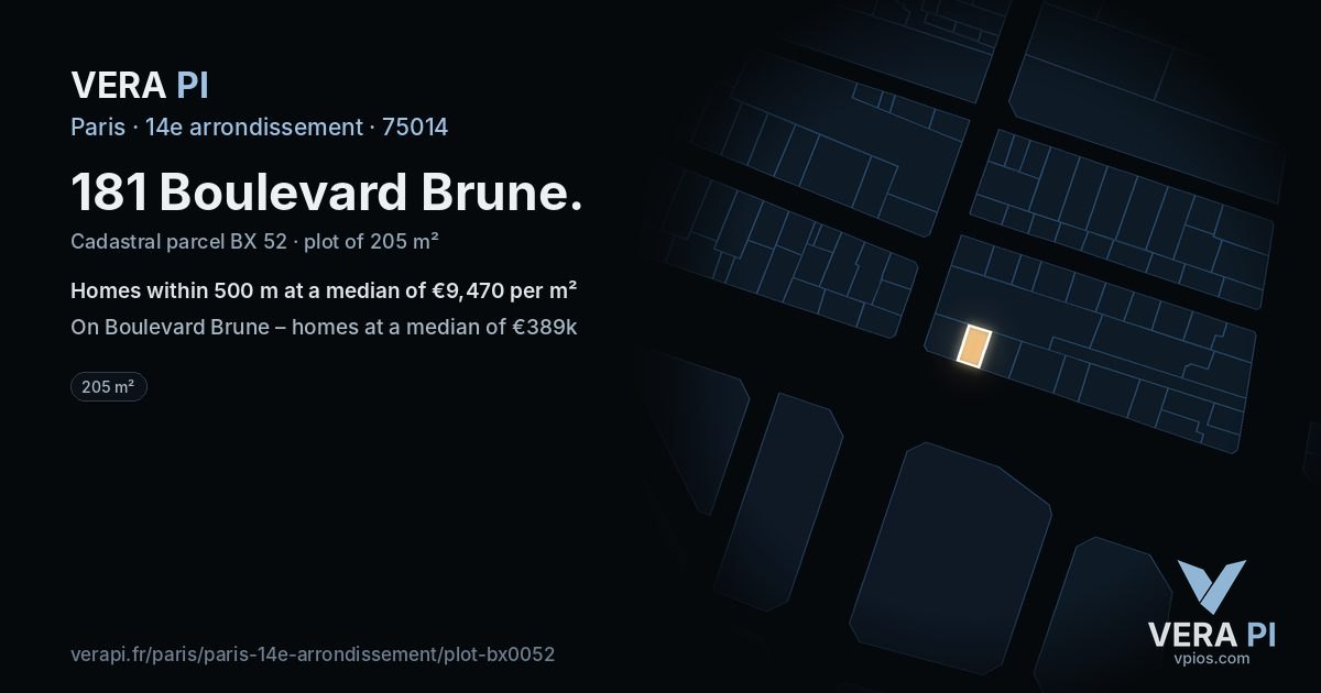 181 Boulevard Brune, 14e arrondissement at night – the plot lit, the parcels around coloured by the prices near them