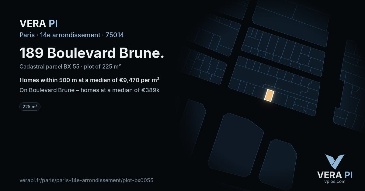 189 Boulevard Brune, 14e arrondissement at night – the plot lit, the parcels around coloured by the prices near them