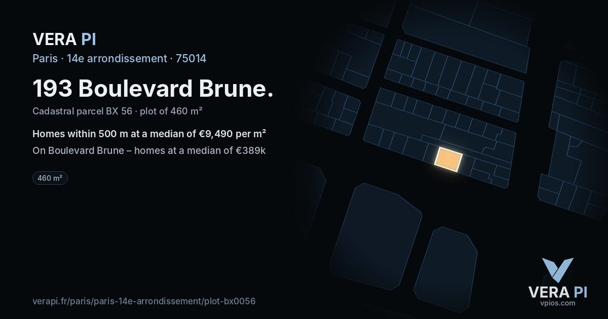 193 Boulevard Brune, 14e arrondissement at night – the plot lit, the parcels around coloured by the prices near them