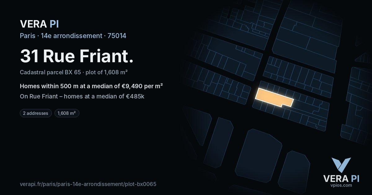 31 Rue Friant, 14e arrondissement at night – the plot lit, the parcels around coloured by the prices near them
