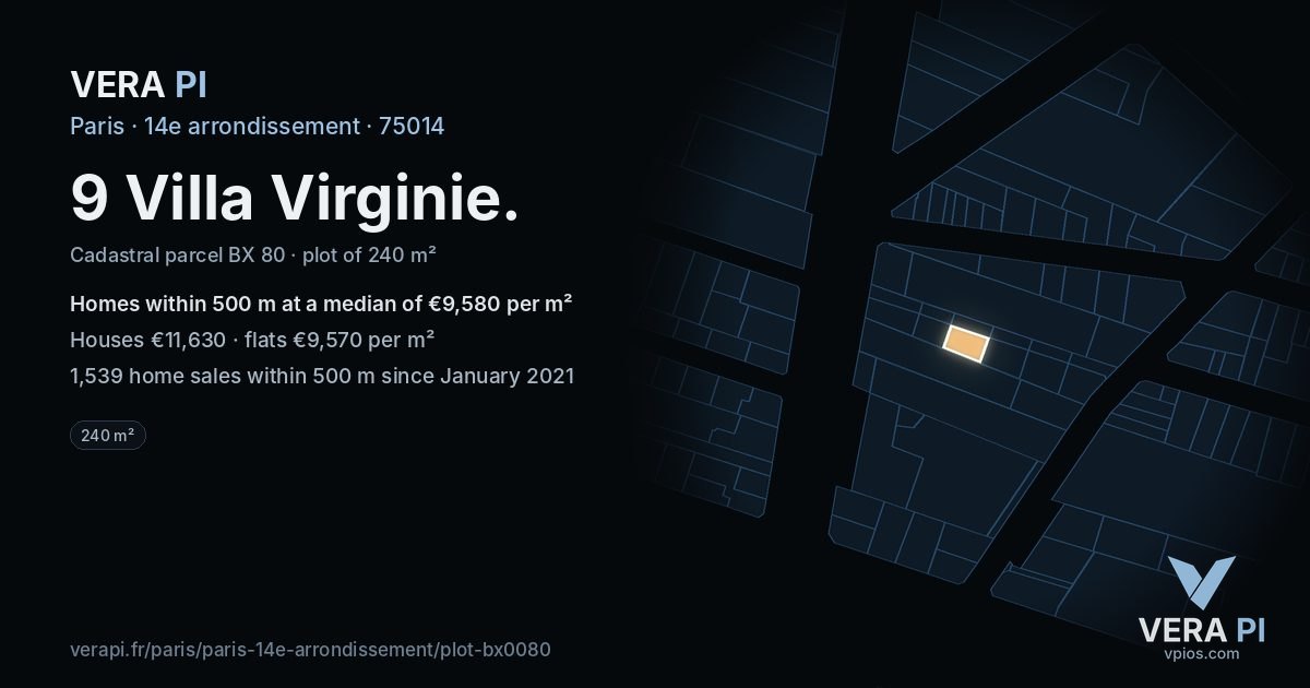 9 Villa Virginie, 14e arrondissement at night – the plot lit, the parcels around coloured by the prices near them