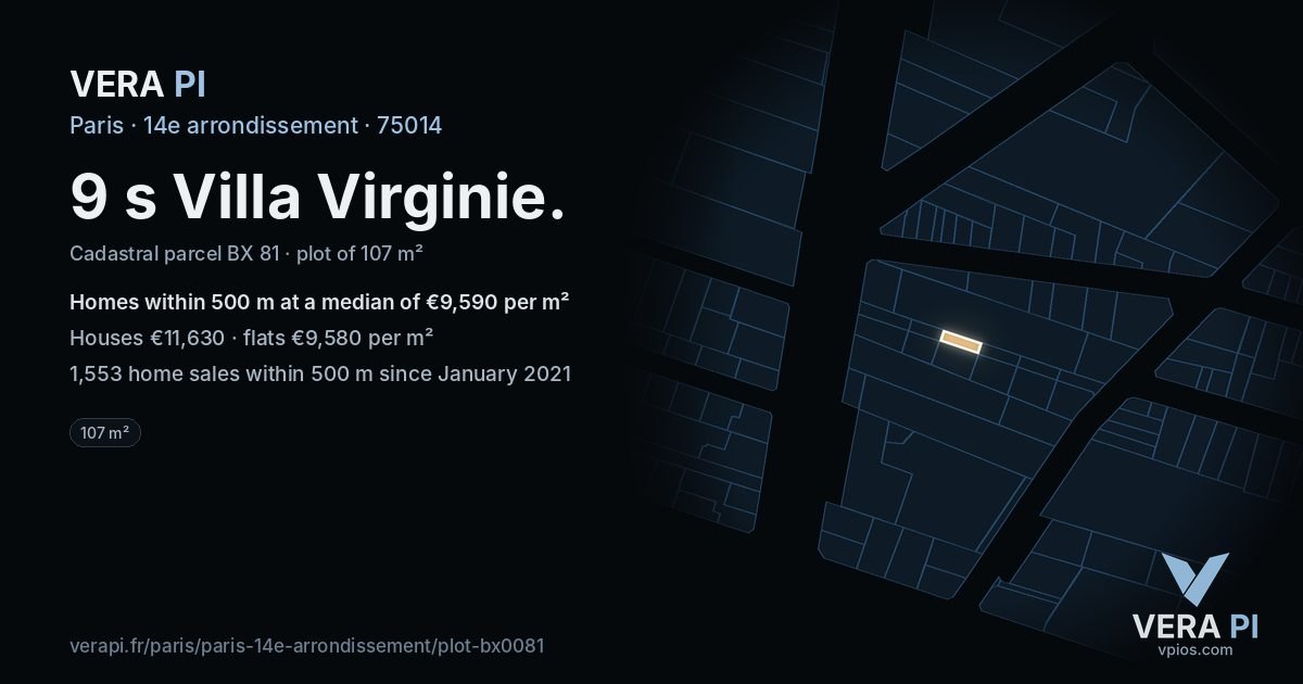 9 s Villa Virginie, 14e arrondissement at night – the plot lit, the parcels around coloured by the prices near them