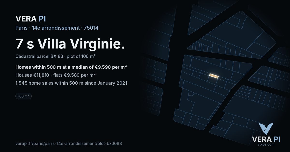 7 s Villa Virginie, 14e arrondissement at night – the plot lit, the parcels around coloured by the prices near them