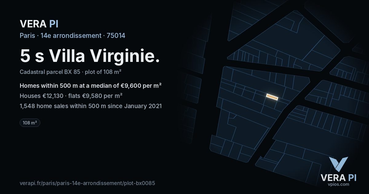 5 s Villa Virginie, 14e arrondissement at night – the plot lit, the parcels around coloured by the prices near them