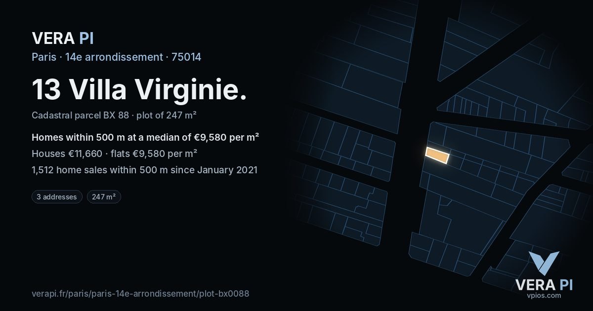 13 Villa Virginie, 14e arrondissement at night – the plot lit, the parcels around coloured by the prices near them