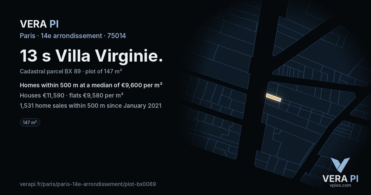 13 s Villa Virginie, 14e arrondissement at night – the plot lit, the parcels around coloured by the prices near them