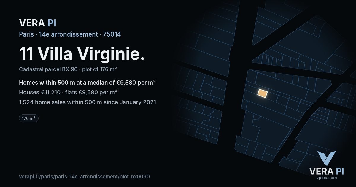 11 Villa Virginie, 14e arrondissement at night – the plot lit, the parcels around coloured by the prices near them