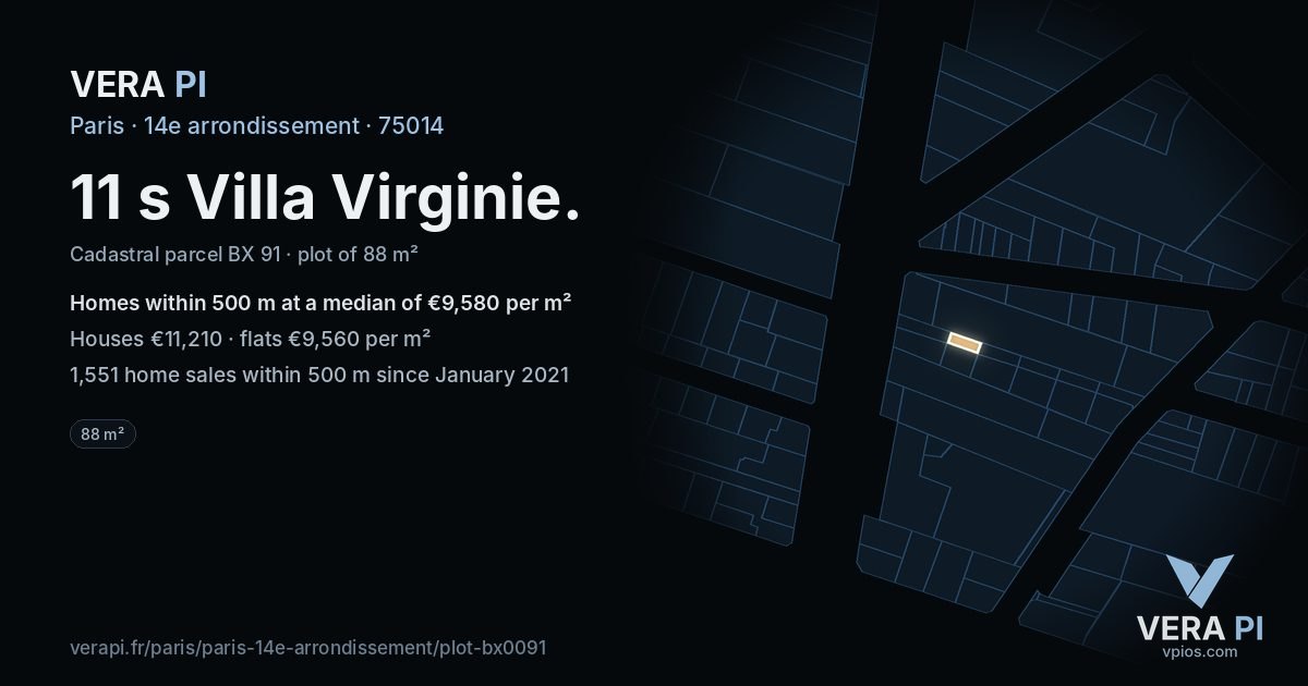 11 s Villa Virginie, 14e arrondissement at night – the plot lit, the parcels around coloured by the prices near them
