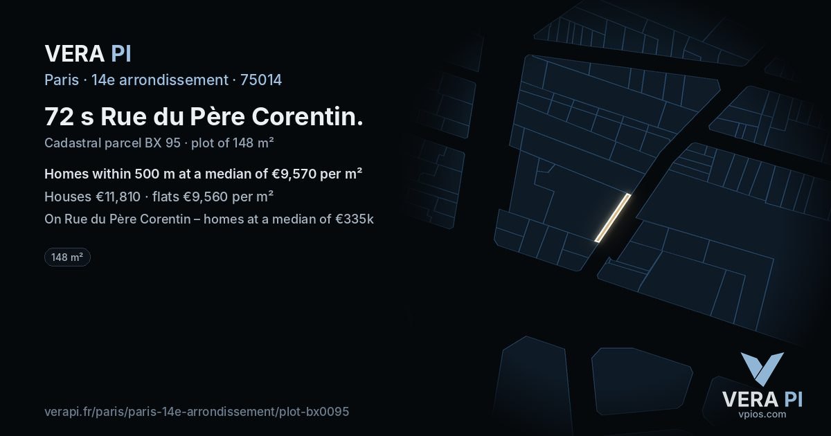 72 s Rue du Père Corentin, 14e arrondissement at night – the plot lit, the parcels around coloured by the prices near them
