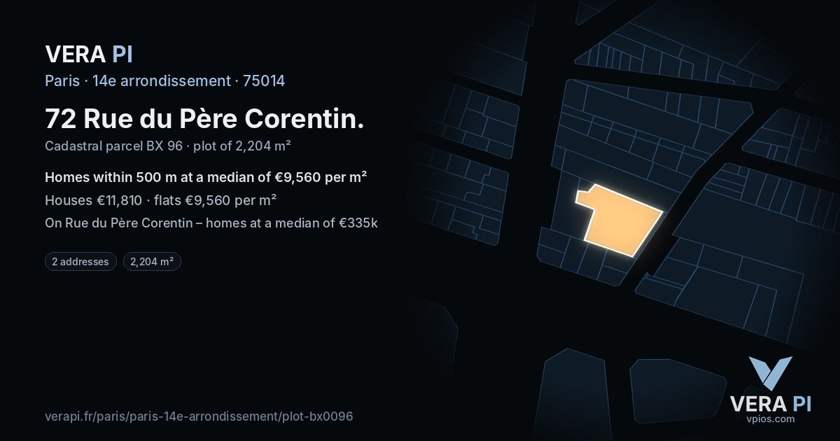 72 Rue du Père Corentin, 14e arrondissement at night – the plot lit, the parcels around coloured by the prices near them