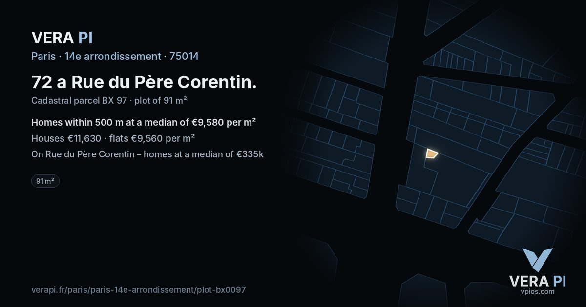 72 a Rue du Père Corentin, 14e arrondissement at night – the plot lit, the parcels around coloured by the prices near them