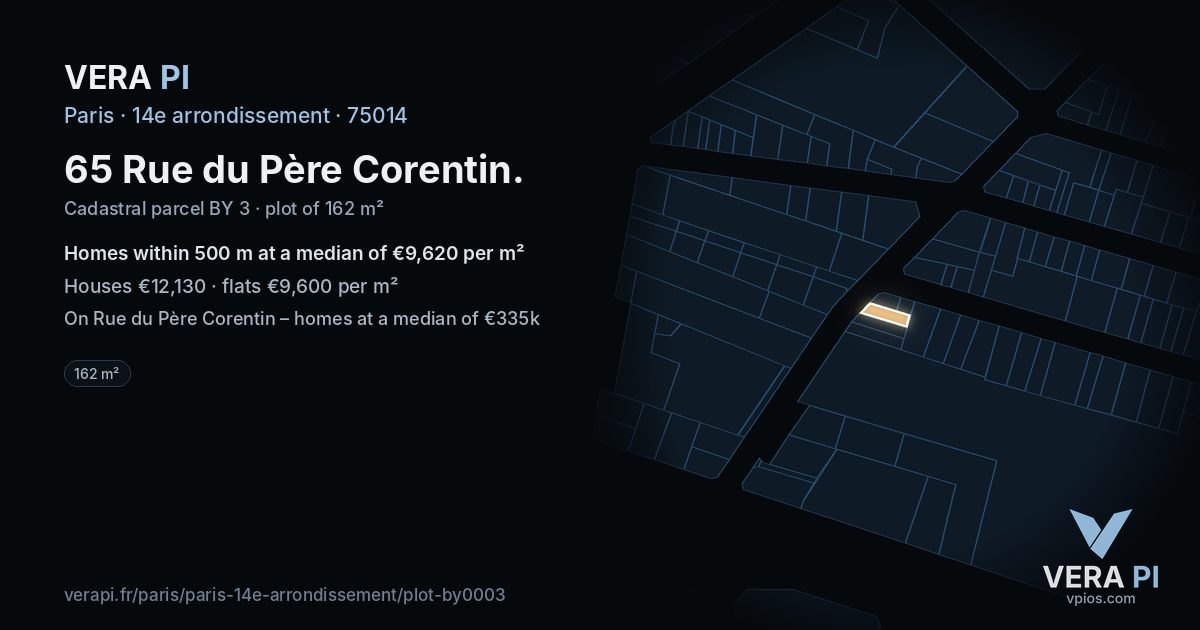 65 Rue du Père Corentin, 14e arrondissement at night – the plot lit, the parcels around coloured by the prices near them