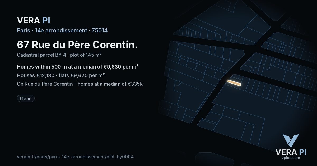 67 Rue du Père Corentin, 14e arrondissement at night – the plot lit, the parcels around coloured by the prices near them