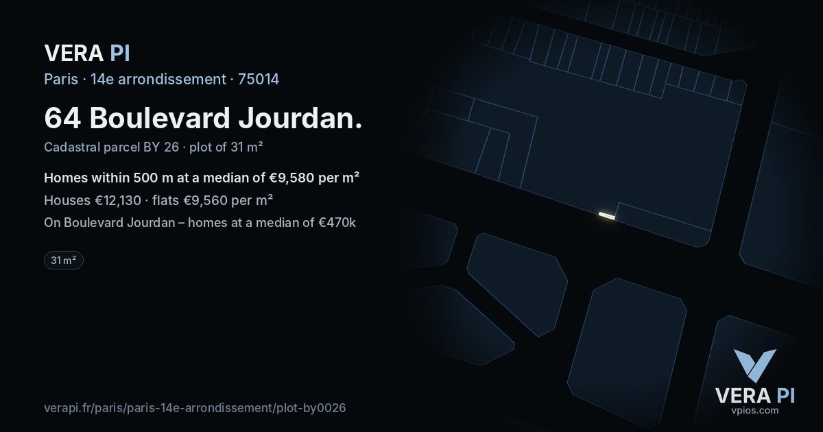 64 Boulevard Jourdan, 14e arrondissement at night – the plot lit, the parcels around coloured by the prices near them