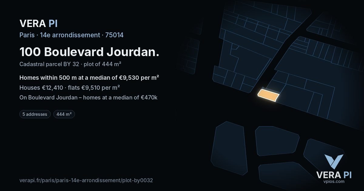100 Boulevard Jourdan, 14e arrondissement at night – the plot lit, the parcels around coloured by the prices near them