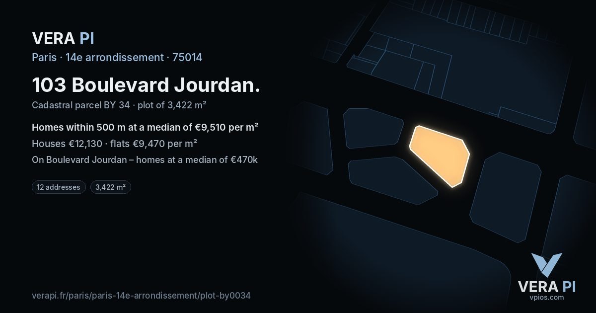 103 Boulevard Jourdan, 14e arrondissement at night – the plot lit, the parcels around coloured by the prices near them