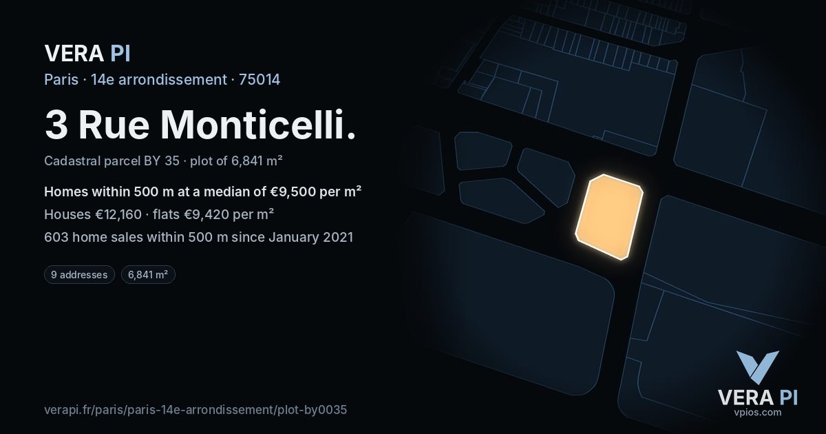 3 Rue Monticelli, 14e arrondissement at night – the plot lit, the parcels around coloured by the prices near them