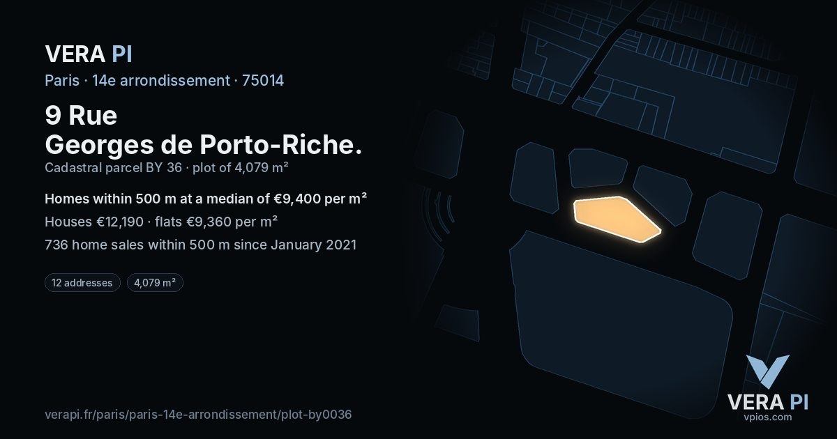 9 Rue Georges de Porto-Riche, 14e arrondissement at night – the plot lit, the parcels around coloured by the prices near them