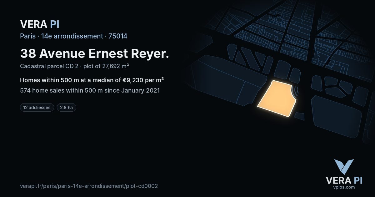 38 Avenue Ernest Reyer, 14e arrondissement at night – the plot lit, the parcels around coloured by the prices near them