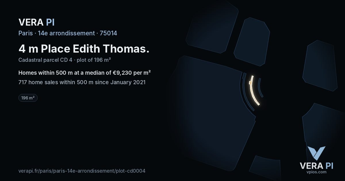 4 m Place Edith Thomas, 14e arrondissement at night – the plot lit, the parcels around coloured by the prices near them