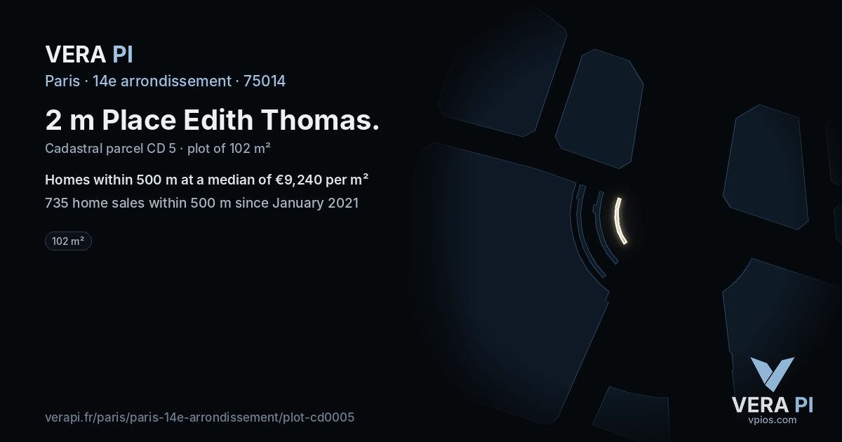 2 m Place Edith Thomas, 14e arrondissement at night – the plot lit, the parcels around coloured by the prices near them